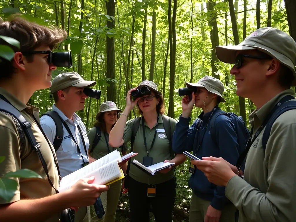 A group of ACCA members participating in a wildlife census in a local forest, using binoculars and notebooks to record their observations. The scene should convey a sense of dedication to wildlife conservation and scientific data collection.