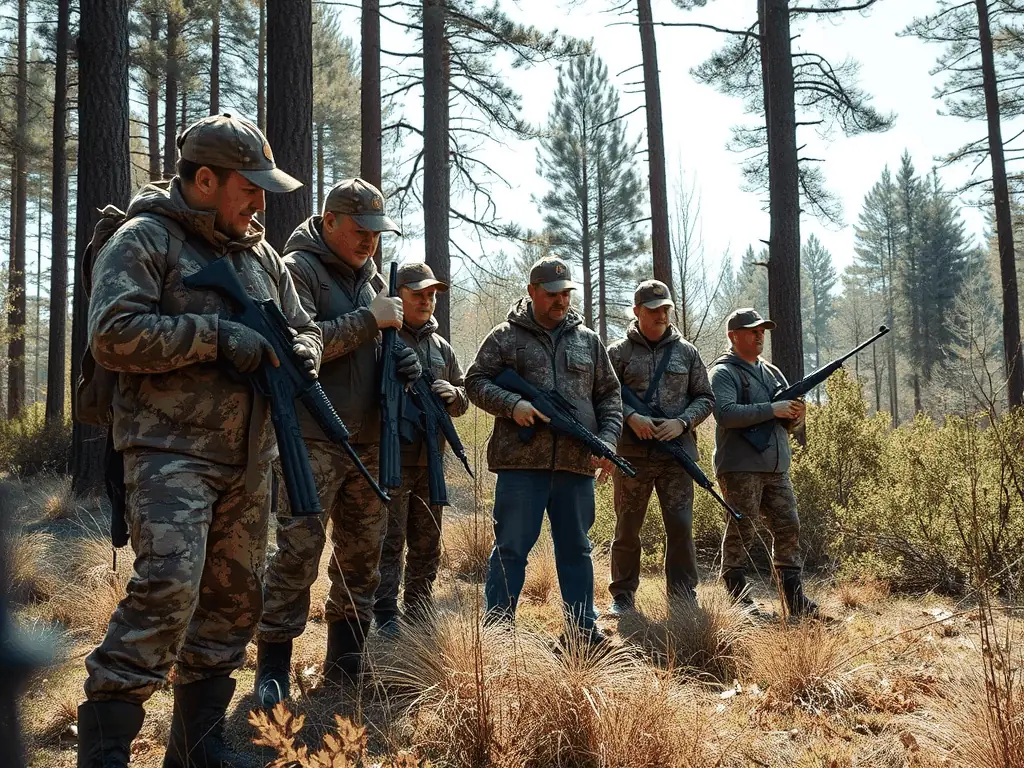A scenic view of a managed forest area with hunters participating in a controlled hunt, emphasizing sustainable practices and respect for the environment.