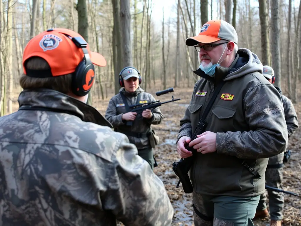 A training session for ACCA members on responsible hunting practices, led by an experienced instructor. The image should emphasize the importance of ethical hunting and wildlife management.