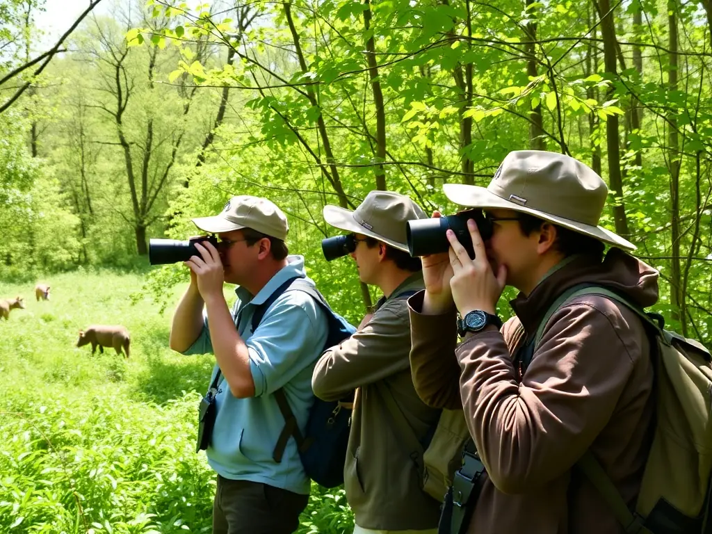 ACCA members conducting a wildlife survey, using binoculars and tracking equipment to monitor animal populations and assess habitat health.