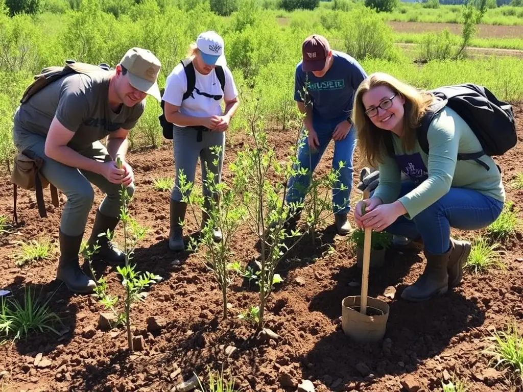ACCA members conducting a habitat restoration project, planting native trees and shrubs in a degraded area. The image should highlight the importance of habitat preservation for wildlife.